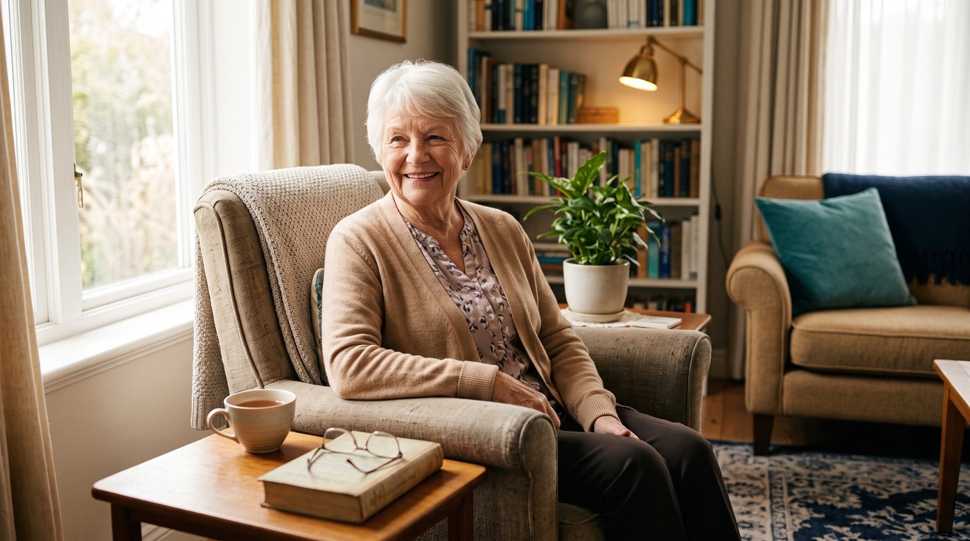 An elderly woman relaxing comfortably in her own living room at home